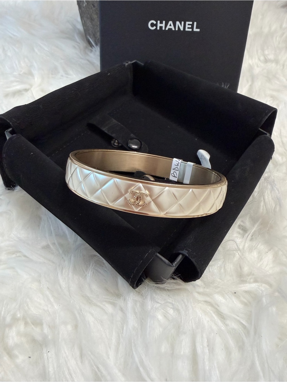 CHANEL Ivory Quilted Resin Bangle with Gold CC Emblem